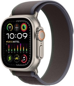 Apple Watch Ultra 2 [GPS + Cellular, inkl. Nylon Trail Loop M/L blau/schwarz] Titangehäuse silber – Refurbished – Produktansicht