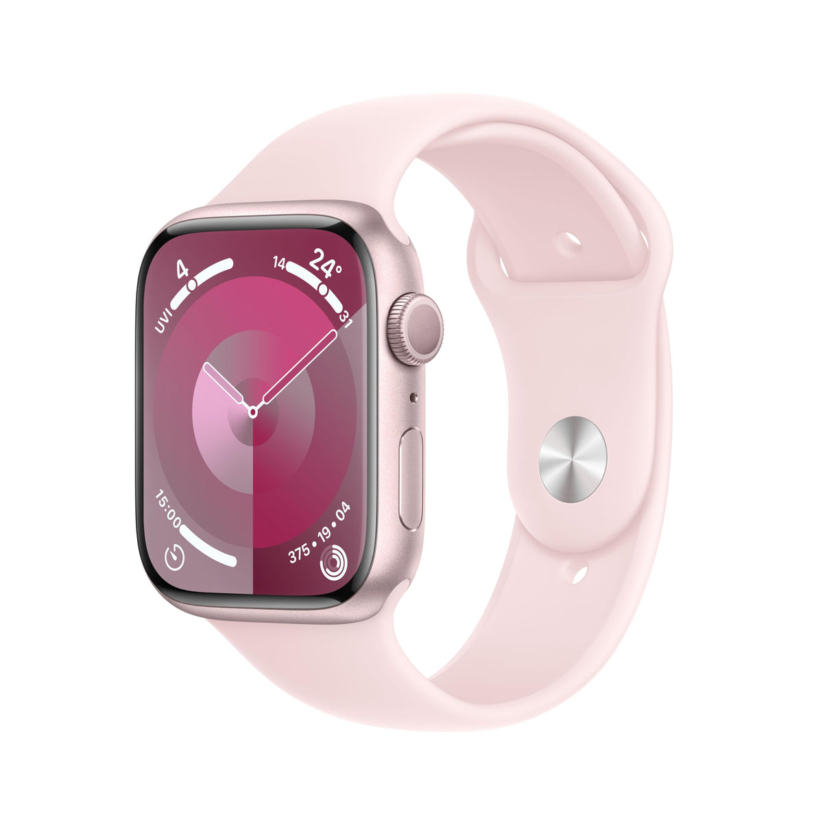 Apple Watch Series 9 [GPS, inkl. Sportarmband S/M hellrosa] 45mm Aluminiumgehäuse rosé – Refurbished – Produktansicht