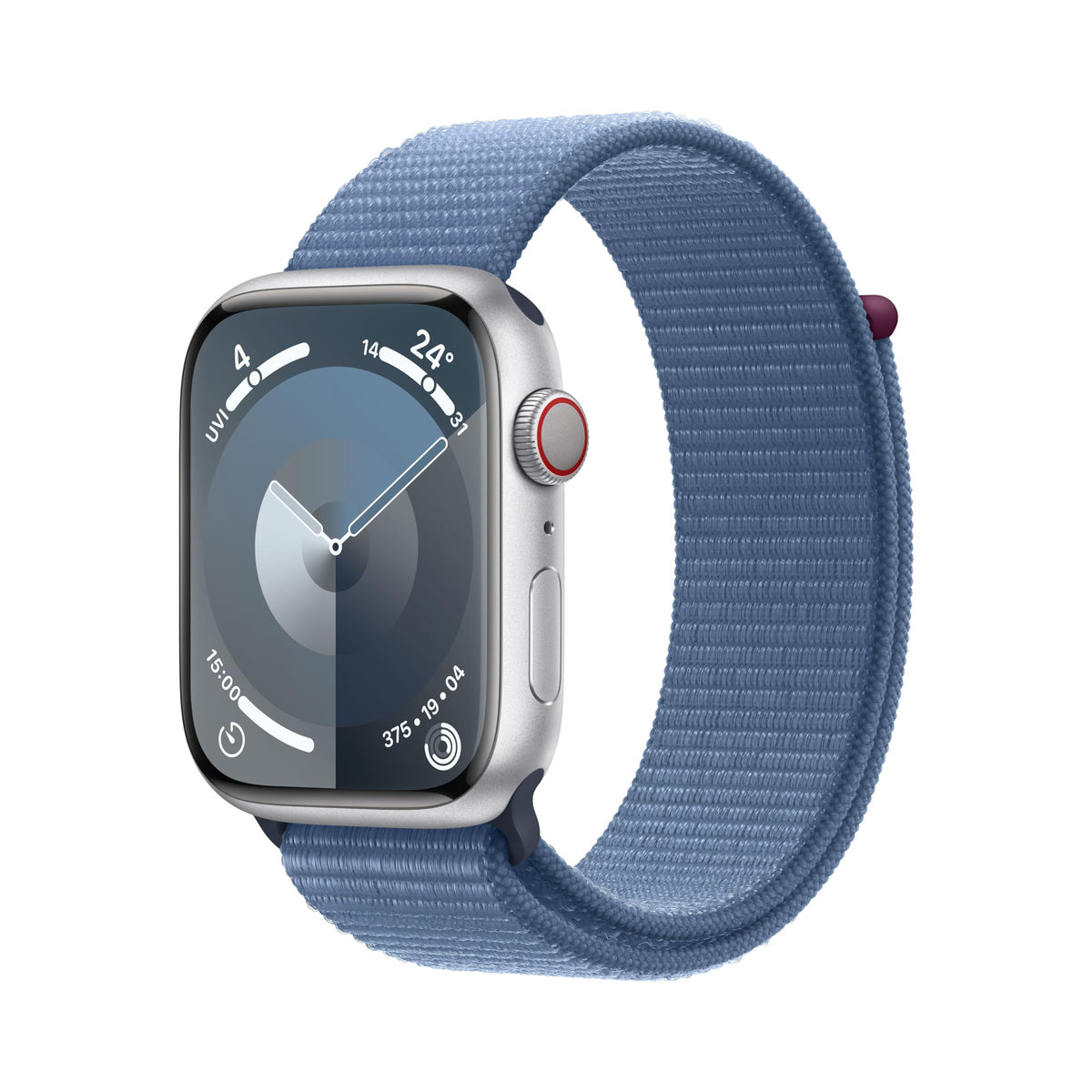 Apple Watch Series 9 [GPS + Cellular, inkl. Sport Loop winterblau] 45mm Aluminiumgehäuse silber – Refurbished – Produktansicht