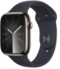 Apple Watch Series 9 [GPS + Cellular, inkl. Sportarmband S/M mitternacht] 45mm Edelstahlgehäuse graphit – Refurbished – Produktansicht