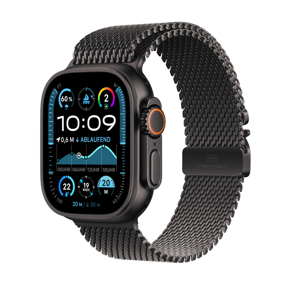 Apple Watch Ultra 2 [inkl. Milanaise-Armband L schwarz] 49mm Titangehäuse schwarz – Refurbished – Produktansicht