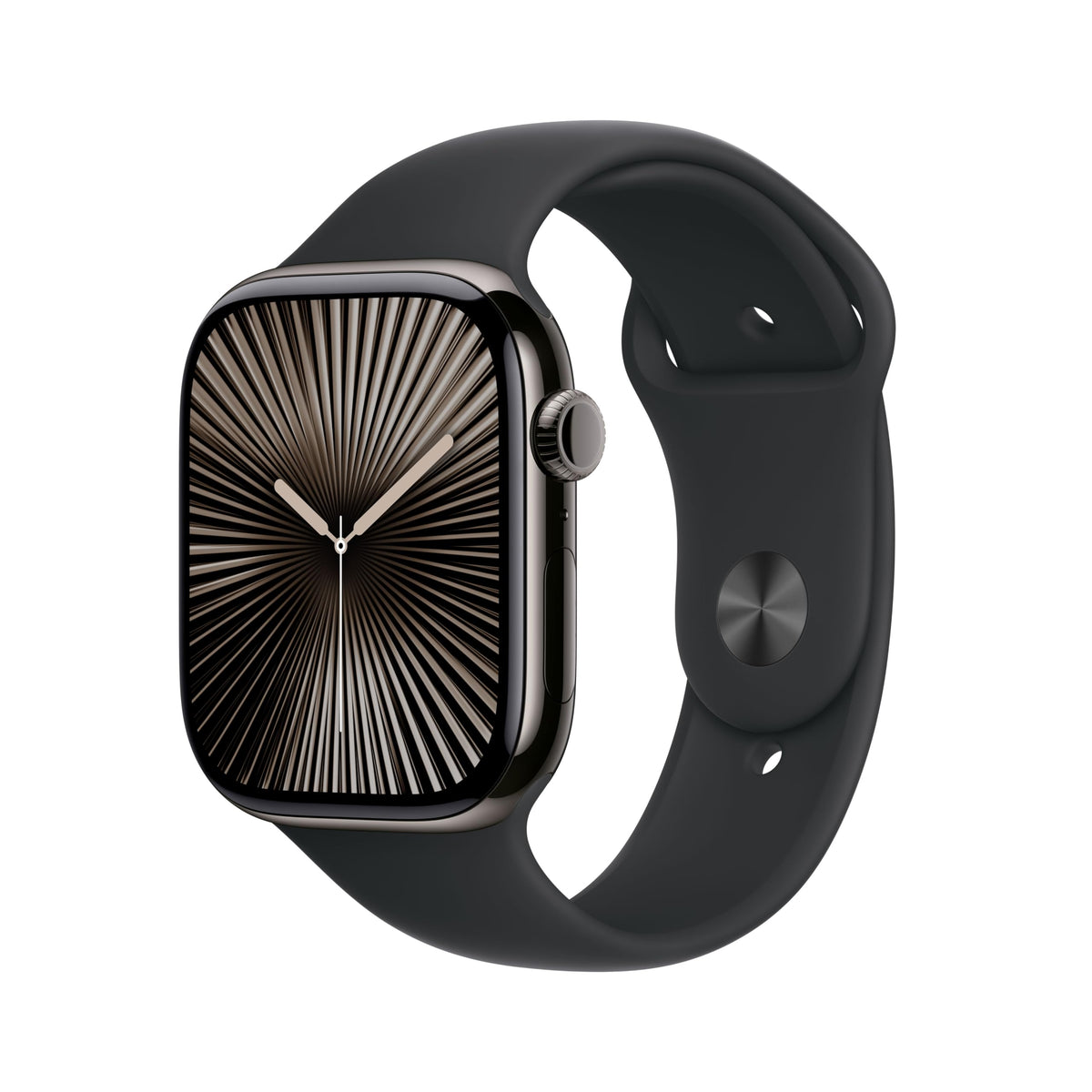 Apple Watch Series 10 [GPS + Cellular, inkl. Sportarmband S/M schwarz] 46mm Titangehäuse schiefer – Refurbished – Produktansicht