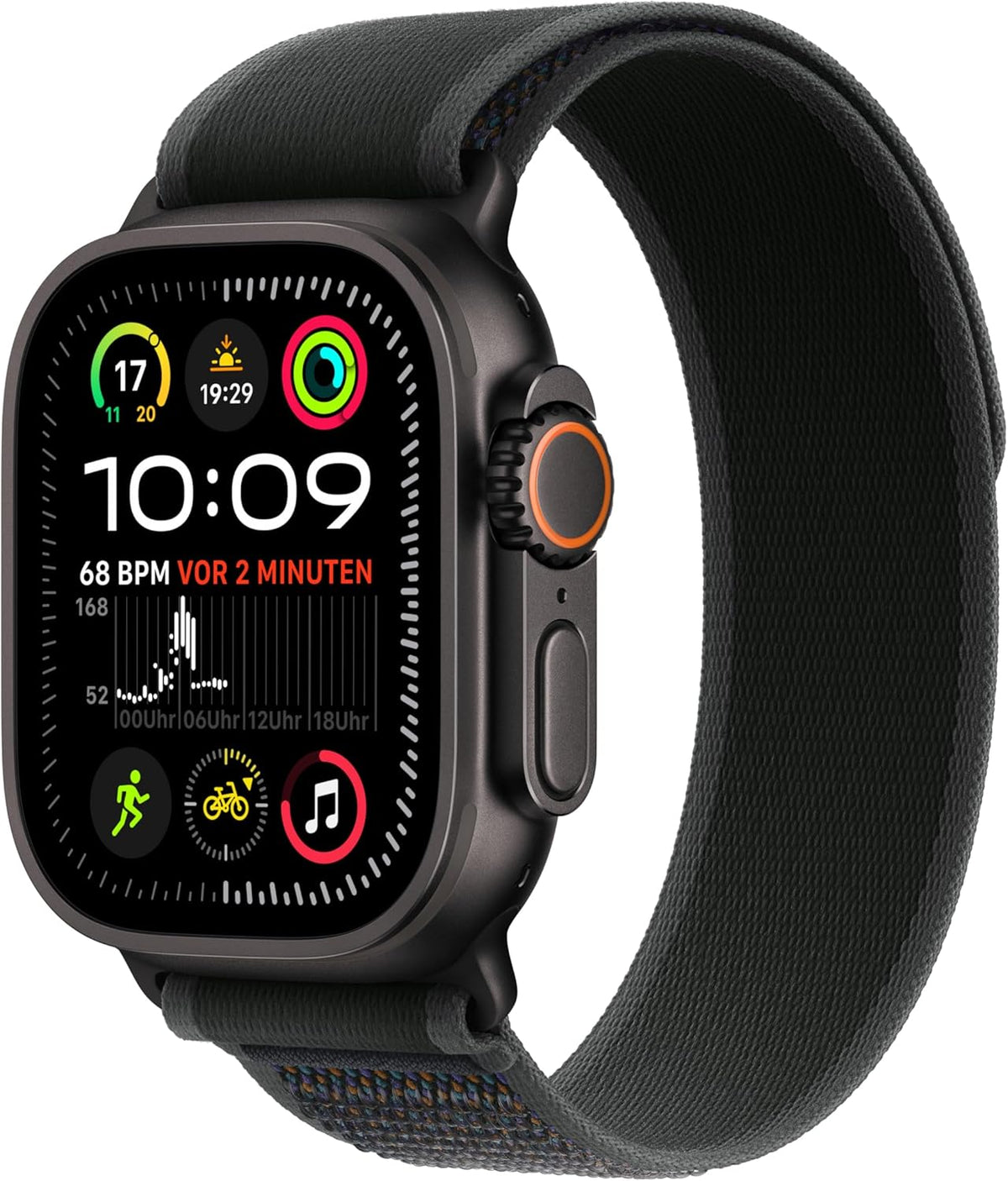 Apple Watch Ultra 2 [GPS + Cellular, inkl. Nylon Trail Loop M/L schwarz] Titangehäuse schwarz – Refurbished – Produktansicht