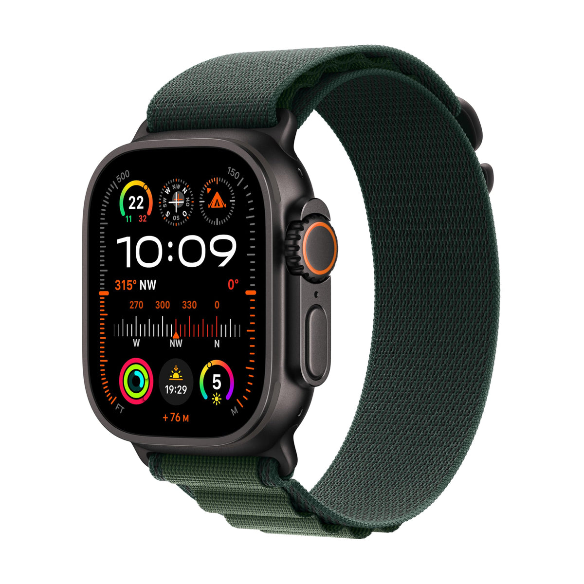 Apple Watch Ultra 2 [GPS + Cellular, inkl. Alpine Loop L dunkelgrün] 49mm Titangehäuse schwarz – Refurbished – Produktansicht