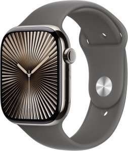 Apple Watch Series 10 [GPS + Cellular, inkl. Sportarmband S/M steingrau] 46mm Titangehäuse natur – Refurbished – Produktansicht