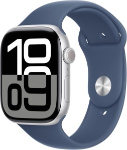 Apple Watch Series 10 [GPS + Cellular, inkl. Sportarmband S/M denim] 46mm Aluminiumgehäuse silber – Refurbished – Produktansicht