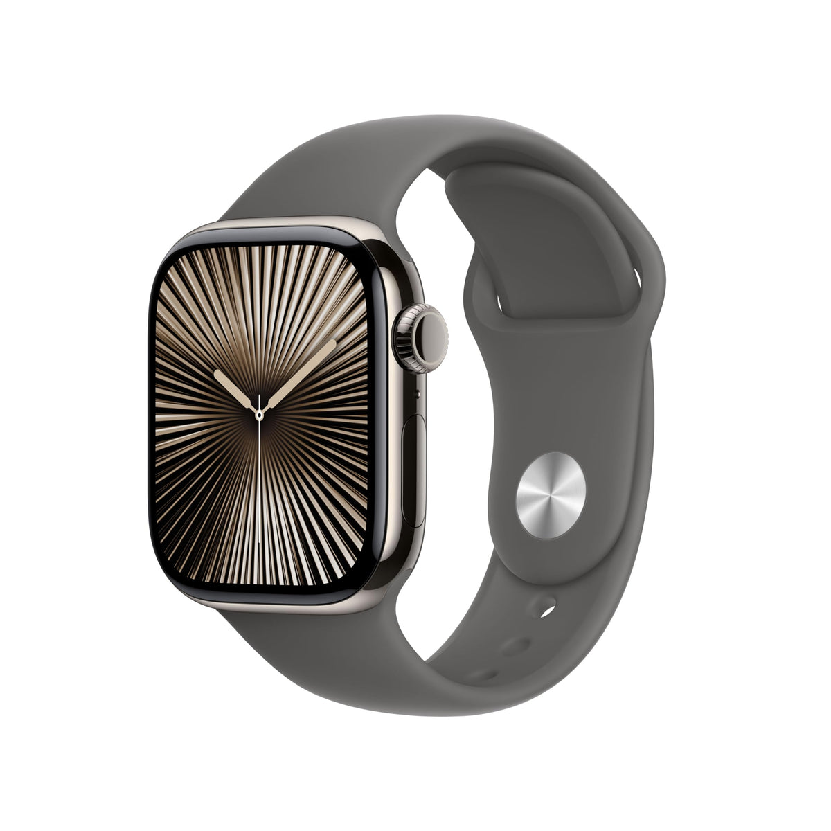 Apple Watch Series 10 [GPS + Cellular, inkl. Sportarmband M/L grau] 42mm Titangehäuse beige – Refurbished – Produktansicht