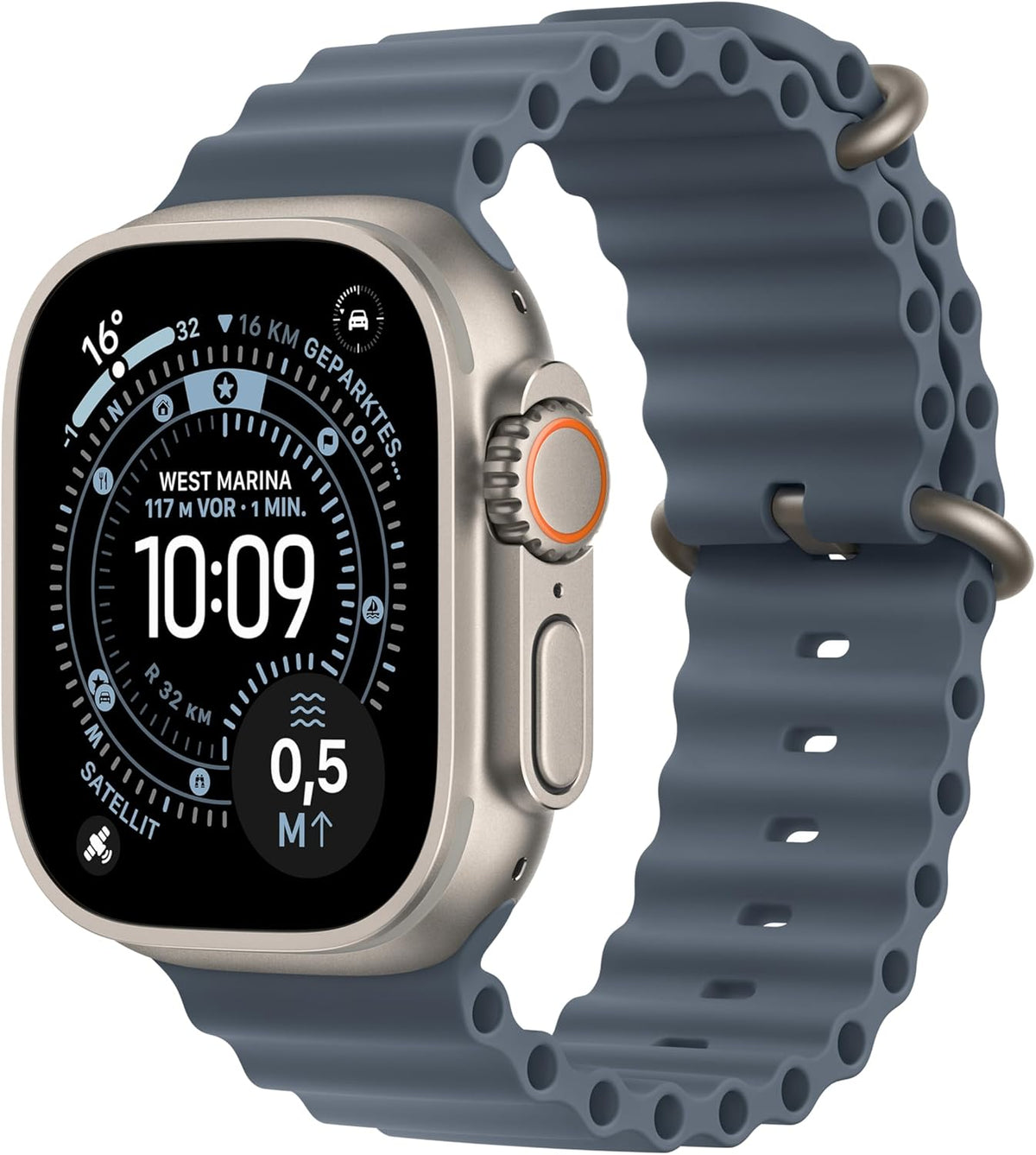 Apple Watch Ultra 3 [GPS + Cellular, inkl. Ocean Armband maritimblau] 49mm Titangehäuse natur – Refurbished – Produktansicht