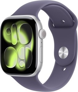 Apple Watch Series 11 [GPS + Cellular, inkl. Sportarmband M/L nebelviolett] 46mm Aluminiumgehäuse silber – Refurbished – Produktansicht