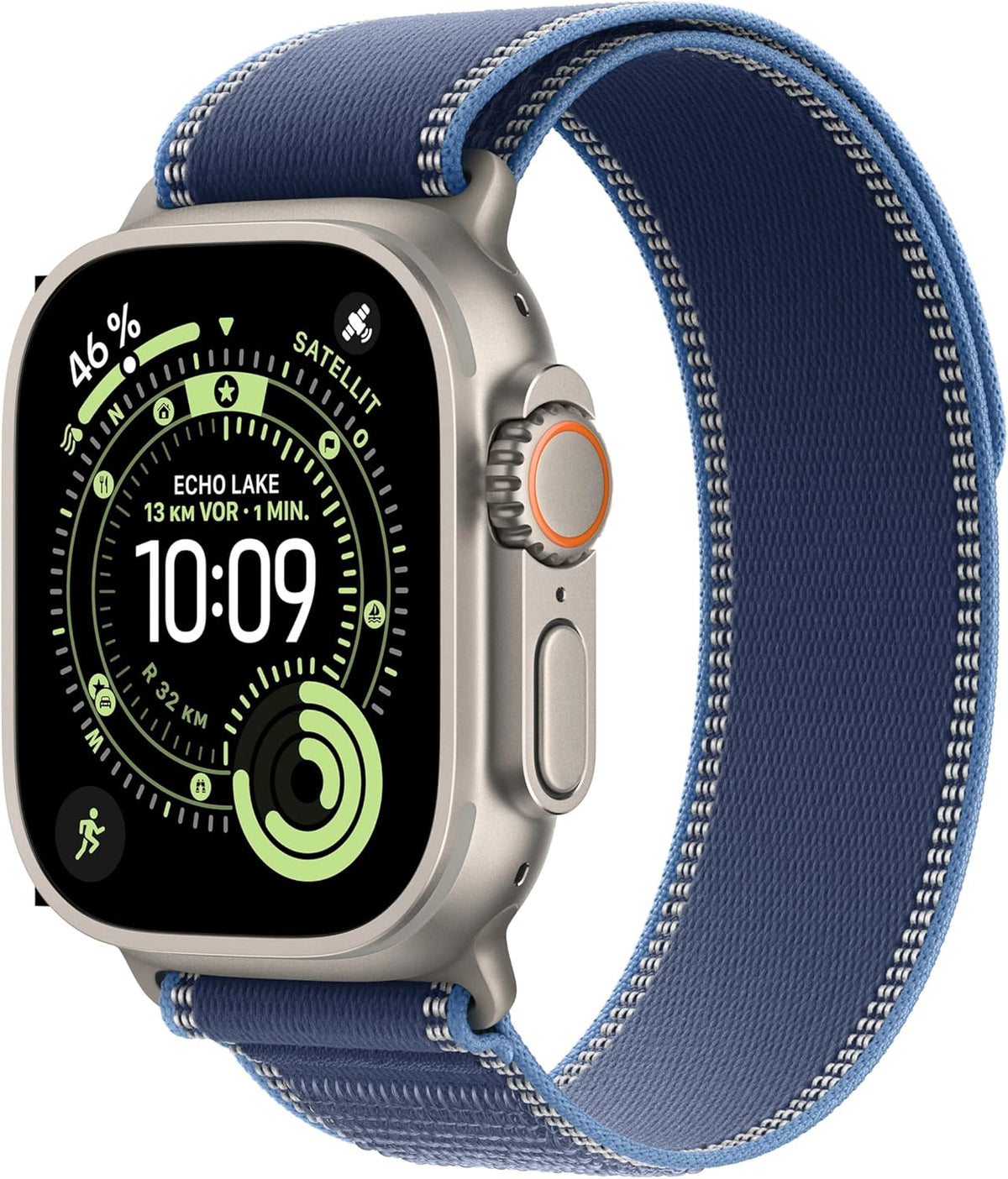 Apple Watch Ultra 3 [GPS + Cellular, inkl. Trail Loop S/M blau/hellblau] 49mm Titangehäuse natur – Refurbished – Produktansicht