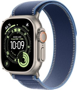 Apple Watch Ultra 3 [GPS + Cellular, inkl. Trail Loop S/M blau/hellblau] 49mm Titangehäuse natur – Refurbished – Produktansicht