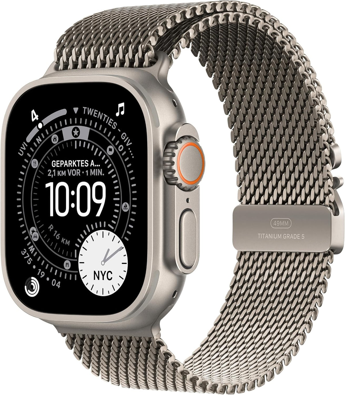 Apple Watch Ultra 3 [GPS + Cellular, inkl. Milainaise-Armband M natur] 49mm Titangehäuse natur – Refurbished – Produktansicht
