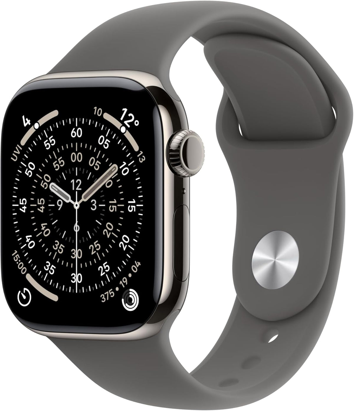 Apple Watch Series 11 [GPS + Cellular, Sportarmband steingrau S/M] 42mm Titangehäuse natur – Refurbished – Produktansicht