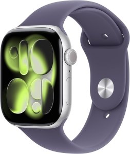 Apple Watch Series 11 [GPS + Cellular, inkl. Sportarmband S/M nebelviolett] 46mm Aluminiumgehäuse silber – Refurbished – Produktansicht